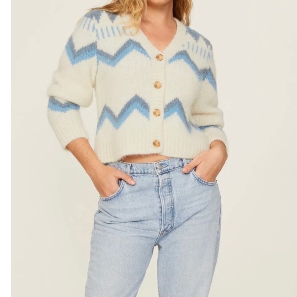 Faherty Icelyn Fairisle Cardigan Sweater‎ Alpaca Blue White Zig Zag - Large